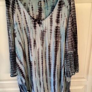 New Directions Tie Dye Tunic Sz 1X Crochet Bell Sleeves Hippy Boho